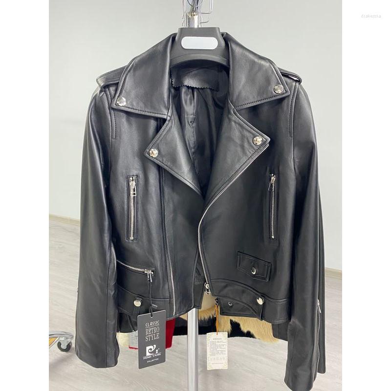 

Women's Leather 2022 Spring Genuine Jacket Women Fashion Real Sheepskin Coat Motorcycle Biker Sheep Female Short Full, Black