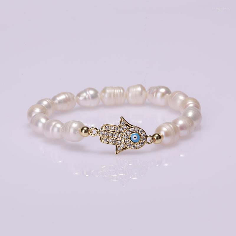 

Strand 5 Pcs/lot Natural Freshwater Pearl Beaded Bracelet Pave Gold Fatima Hand Charm Color For Woman Girl Jewelry Gift