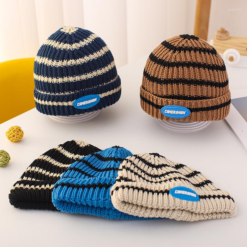 

Hats 2022 Winter Baby Children Fashion Personality Wool Cap Boys Girls Striped Contrast Knit Hat Kids Soft Keep Warm Melon, Black
