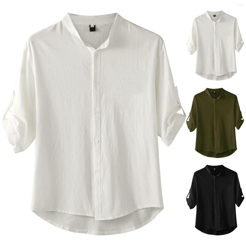 

Men's Casual Shirts Short Sleeve T For Men Male Turndown Collar Solid Half Cotton Linen Shirt Mens Athletic Long Tee, Black