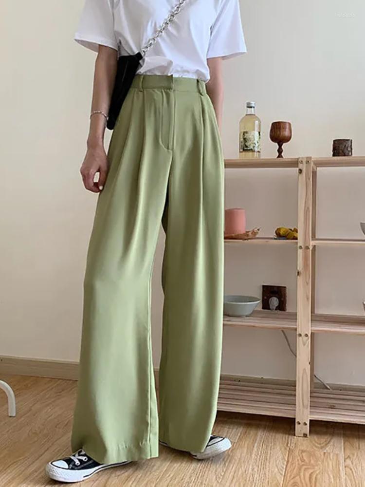

Women' Pants Summer Loose Fashion High Waist Thin Wide-Leg Women Simple Solid Black Casual Female Trousers Green Korean 2022