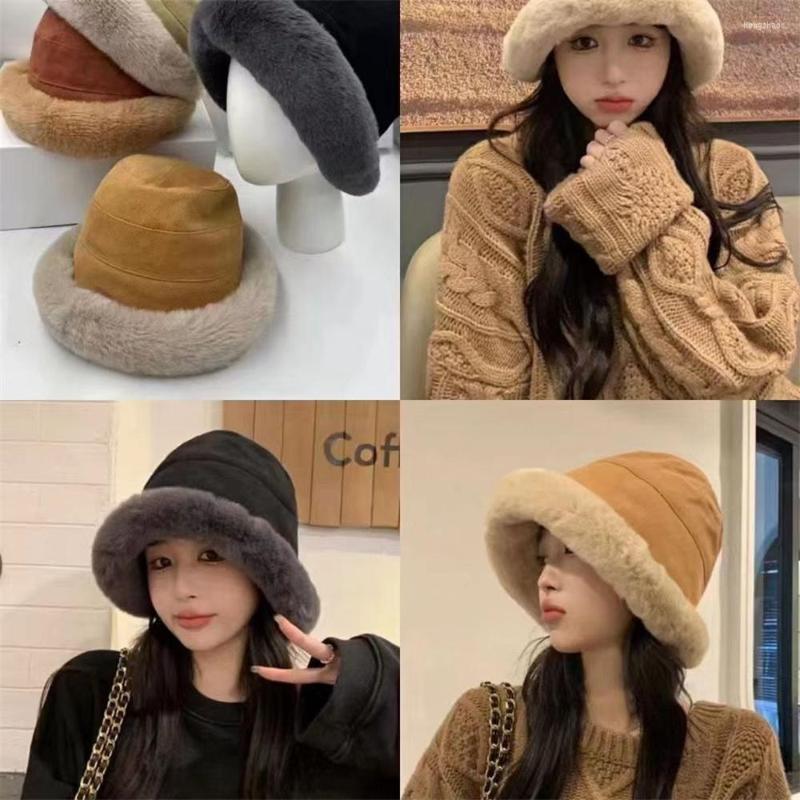 

Berets 1Pc Women's Autumn And Winter All-match Lamb Wool Lining Thickened Fisherman Hat Wide Brim Warming Plush Rolled Edging Basin Cap, Beige