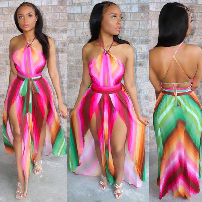 

Casual Dresses BKLD 2022 Summer Clothes For Women Tie-Dye Print Lace Up Backless Irregular Spaghetti Strap Maxi Dress Beach Party Clubwear, Red