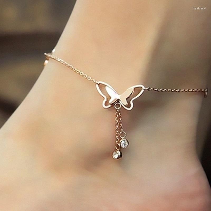 

Anklets Summer Beach Anklet Hollow Butterfly Double Zircon Tassel Gold Color Bracelet And Ankle Chain Fashion Jewelry