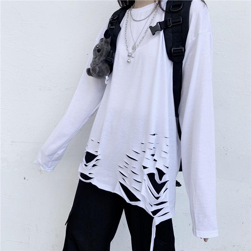 

Men's T Shirts Ripped Hole Long Sleeve Men Tshirts Autumn Summer White Hip Hop Oversized Punk Japanese Streetwear Tops Harajuku Fashion