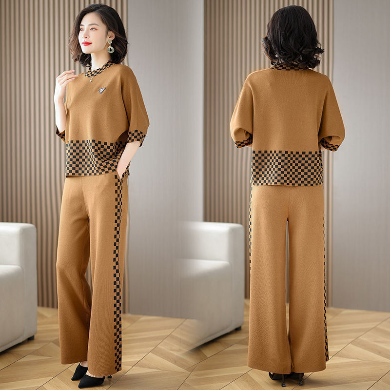 

Women s Two Piece Pants Spring Autumn Suit Fashion Plaid Wide Leg Set Casual Middle aged and Elderly Women Pant Sets 221119, Light coffee