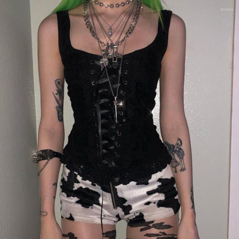 

Women' Tanks Gothic Emo Vintage Sleeveless Tank Top Lace-Up Bandage Sweat Vest Y2K Aesthetic Harajuku Streetwear Women Slim Fit Crop, Black top