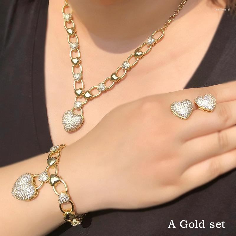

Necklace Earrings Set Heart Luxury For Women Gold Earring Bracelet Cubic Zircon Dubai Bridal Wedding 3pcs Jewelery Cz, Picture shown