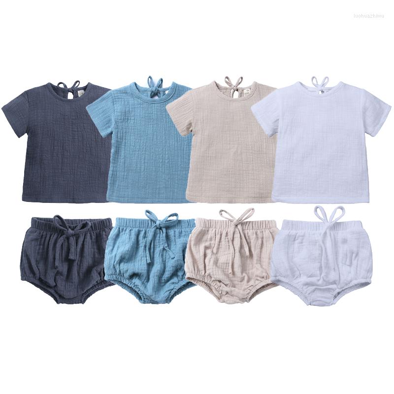 

Clothing Sets 2Pcs Kids Baby Girls Solid Shorts Set Toddler Boys Cotton Linens Short Sleeve Shirt Top Lace Up Summer Outfit Clothes