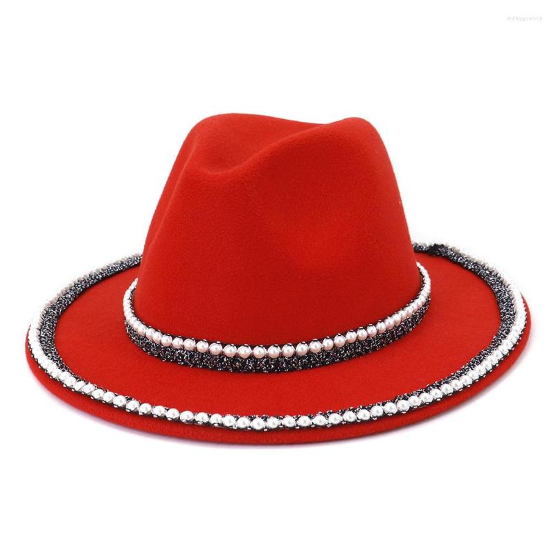 

Berets GIRL HAT Fedora Women Red Pearl Chain Luxury Wool Felt Sauna Wedding Panama 2022autumn Winter Wide Brim, 08