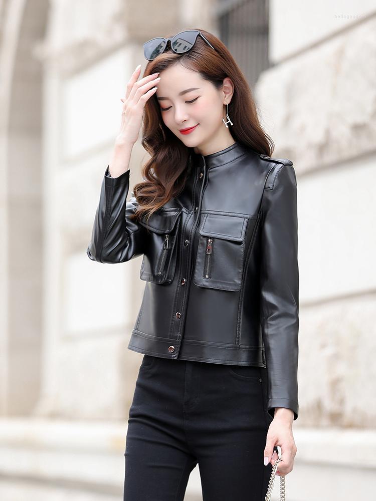 

Women's Leather Spring Women Genuine Jackets Ladies Korean Fashion Long Sleeve Stand-up Collar Coat Female Pocket Outerwear, Black