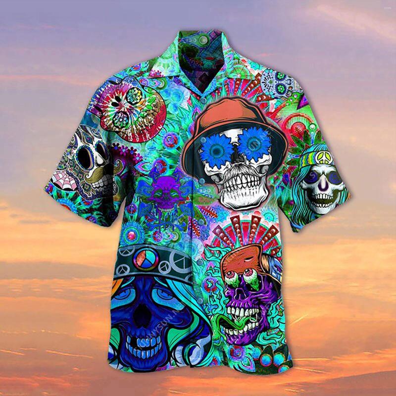 

Men's Polos Men Short Sleeve Printing Loose Hawaiian Beach Holiday Party Vacation Clothing Casual National Style Summer Button Skull Shirt, Red