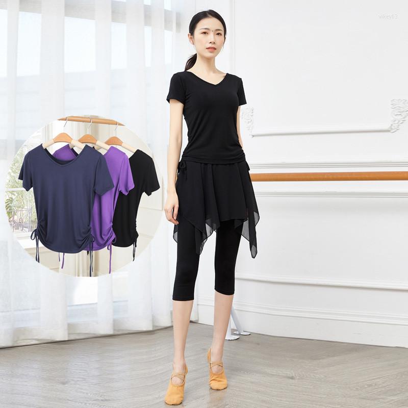 

Stage Wear 2022 V-neck Classical Dance Clothes Waist Line Training Women's Yoga T-shirt Latin Folk Practice, As a picture