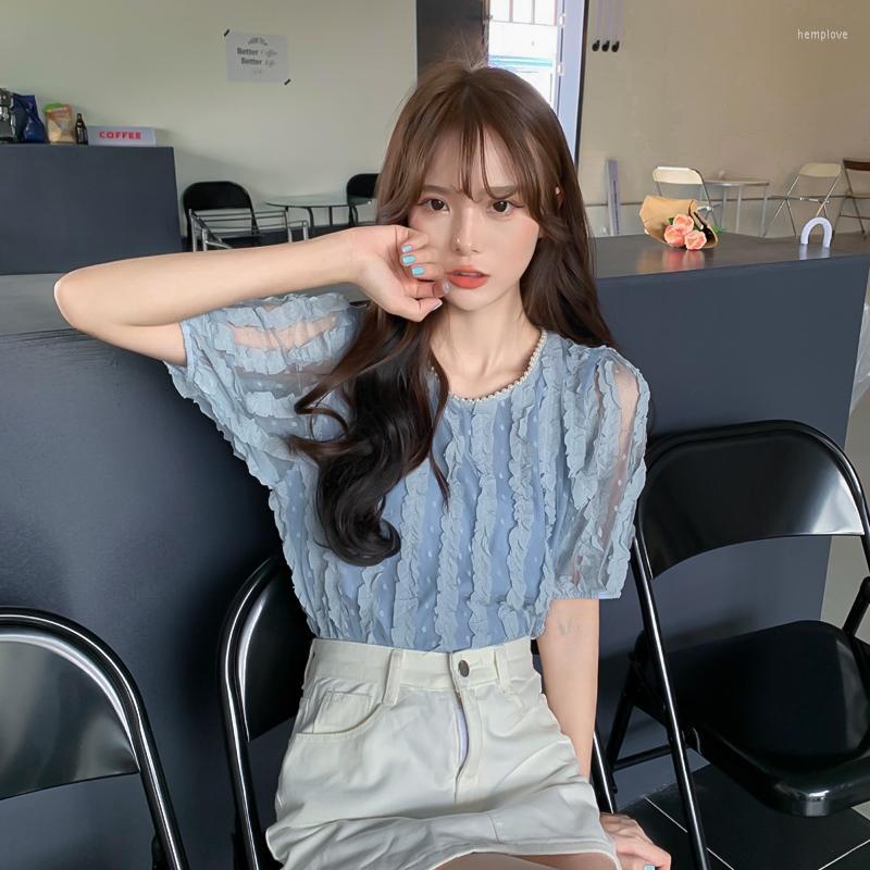 

Women's Blouses 2022 Summer French Sleeve Niche Chic Round Neck Short Temperament Blouse, Beige