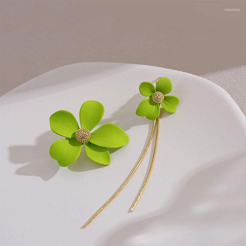 

Dangle Earrings Asymmetric Korean Fashion Green Enamel Flower Geometric Jewelry Long Chain Tassel Gold Accessories Women Gifts