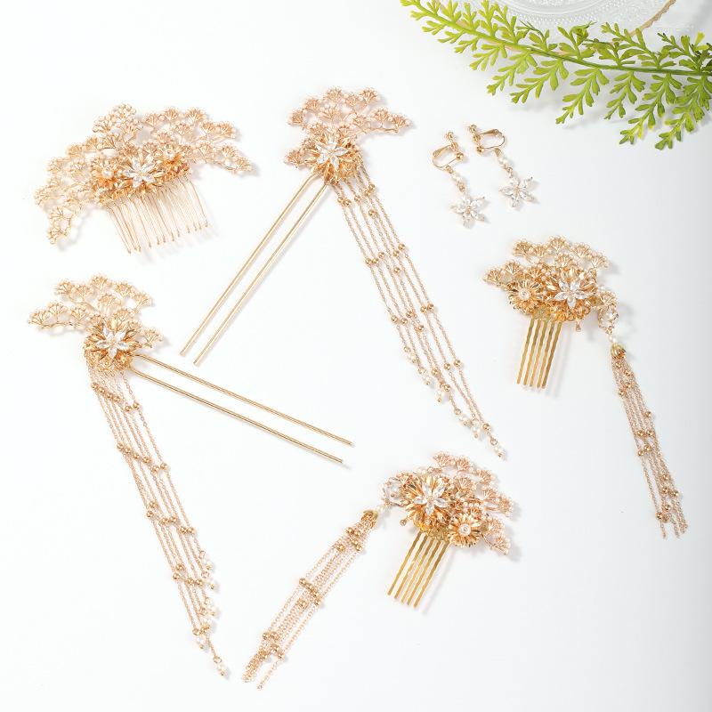 

Necklace Earrings Set Chinese Vintage Style Women Headpeice Gold Color Venetian Pearl Hair Pin Comb Ear Clip Wedding Accessories XH, Picture shown