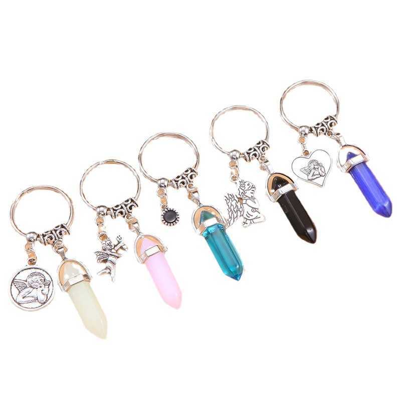 

Crystal Keychains Hexagon Stone Point Pendant Angel Charm Keychains Bulk Wholesale Yoga Gifts for Women