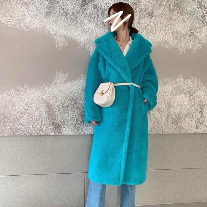 

Women' Fur 2022 Women Winter Warm Faux Coat Thick Turn Down Collar Long Loose Imitation Lamb With Belt N161, Tai di se