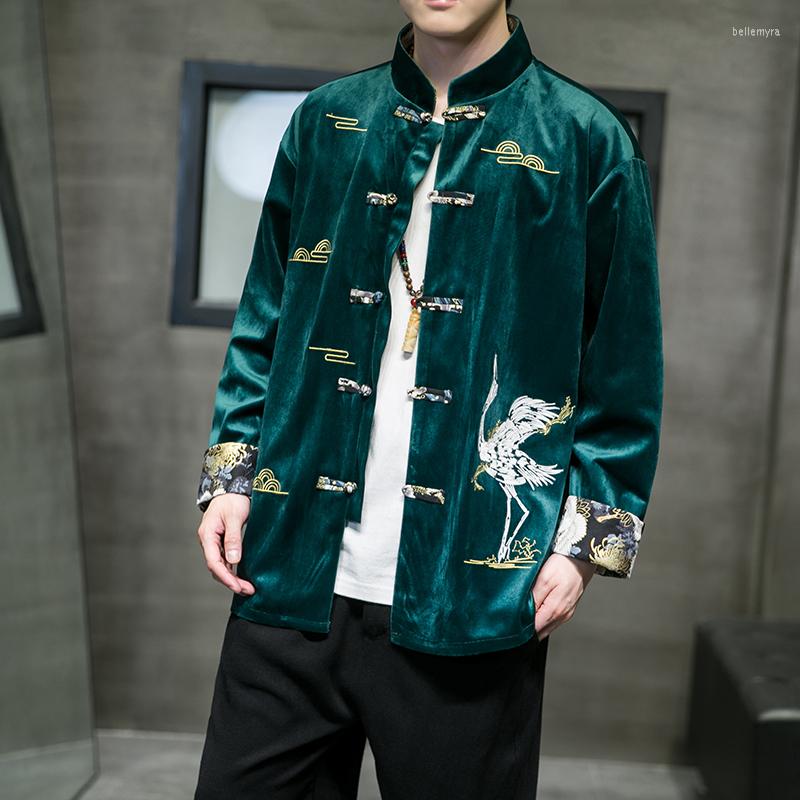

Ethnic Clothing Autumn Chinese Style Men's Corduroy Embroidery Long Sleeve Shirt Button Stand Collar Coat Han Tang Traditional