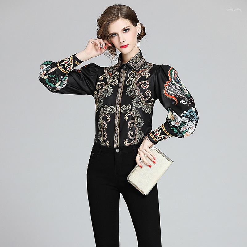 

Women' Blouses Lolita Style Runway Black Women' Shirt 2022 Autumn Paisley Print Vintage Long Sleeve Office Ladies Slim Button Up Tops
