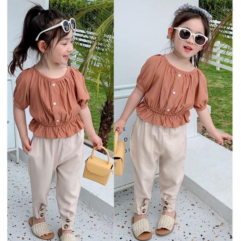 

Clothing Sets Summer Girls Set Fashion Batwing Sleeve Ruffles T-Shirt Bloomers 2Pcs Suit For 3-8 Years Old Children Leisure Outfit, St667