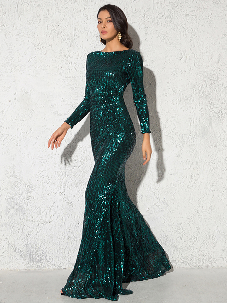 

Party Dresses Modest Green Long Sleeve Mermaid Sequin Evening Gown Burgundy O Neck Stretch Wedding Formal Maxi Dress Winter Women 221119