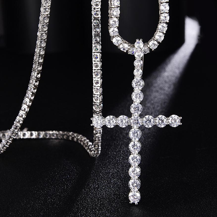 

Iced Out Cubic Zircon Tennis Cross Pendant Necklace With Tennis Chain Men Hip hop Jewelry Copper Material254V