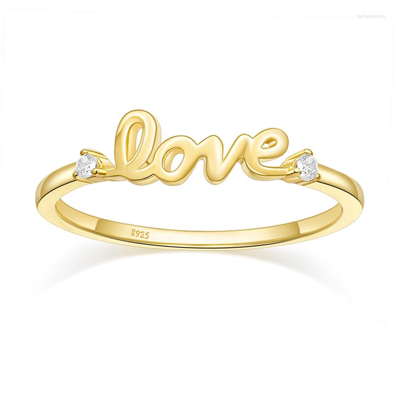 

Cluster Rings Kolmnsta 925 Silver Ring Letter Love With Diamond Female 14K Gold Non-fading Couple Gift