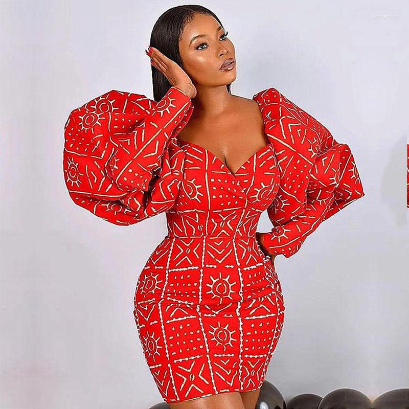 

Ethnic Clothing Women African Mini Dress Autumn Sexy Party Print Long Lantern Sleeves Dresses Fashion Female Evening Gown Robes Vestidos
