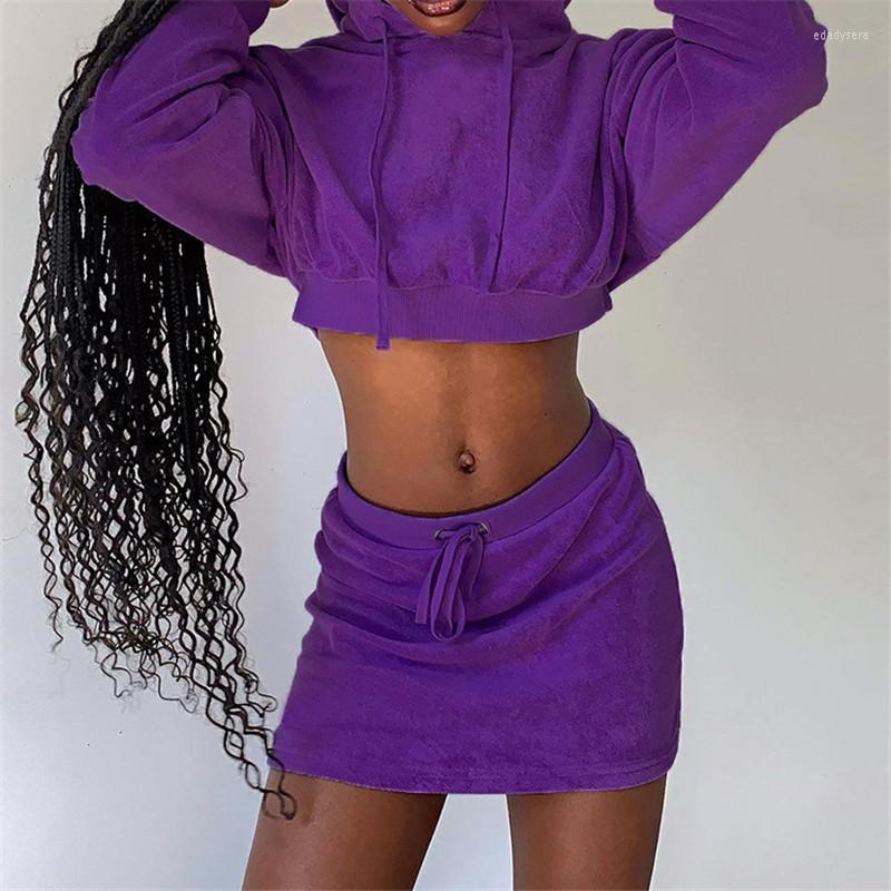 

Work Dresses High Street Women Two Piece Sets Long Sleeve Drawstring Pullover Hoodies Elastic Mini Skirts Bodycon Purple Fashion Club