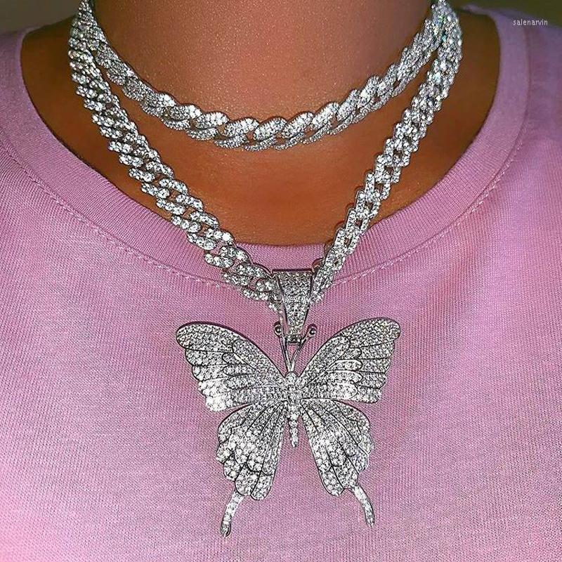 

Chains Iced Out Butterfly Pendant 9mm Rose Gold Silver Color Cuban Chain Cubic Charm Pink Tennis Necklace Women Hip Hop Jewelry