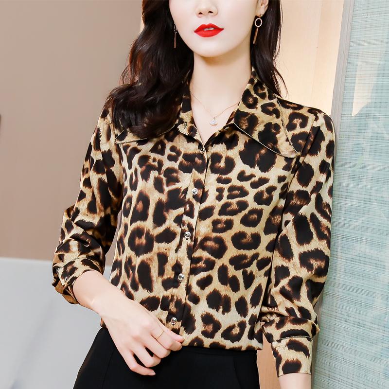 

Women' Blouses Luxury Women Leopard Shirts 2022 Designer Long Sleeve Runway Print Button Holiday Office Spring Autumn Silk Casual Tops, Black