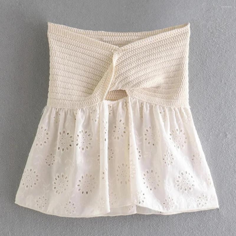 

Women' T Shirts Jenny&Dave 2022 Ins Blogger HIgh Street Knitted Patchwork Fashion Indie Folk Spaghetti Strapless Sexy Tshirts Tops