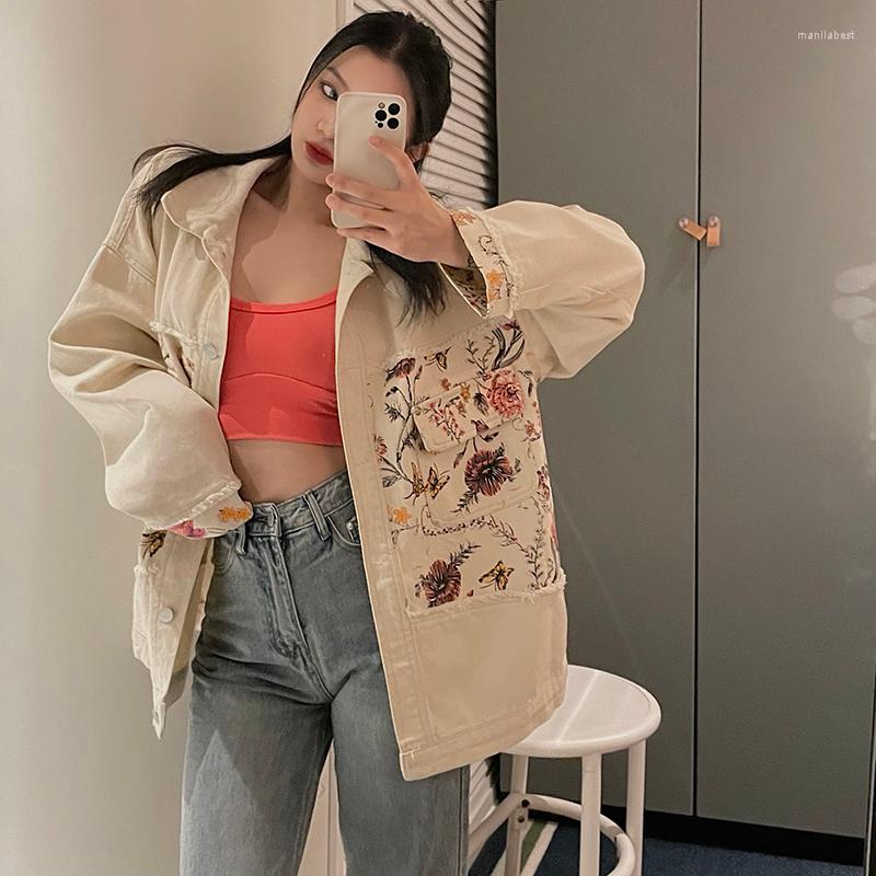 

Women's Trench Coats Casual Korean Fashion Floral Printed Loose Long Sleeve Denim Coat For Women Ins Wind Harajuku Oversize Sell Female, Beige