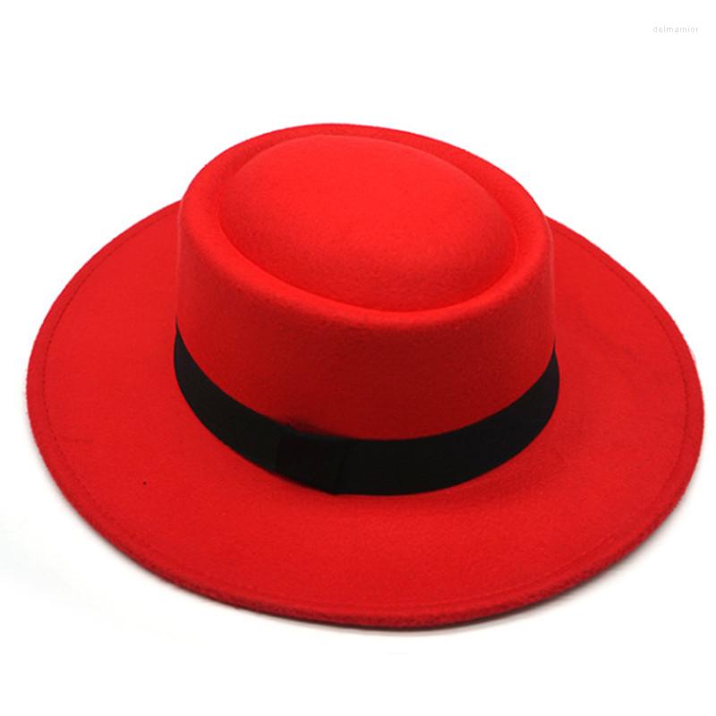 

Berets Red Fedora Hat Men's Flat Top Ladies Felt Jazz Oval Panama Hip-hop Brim Wholesale