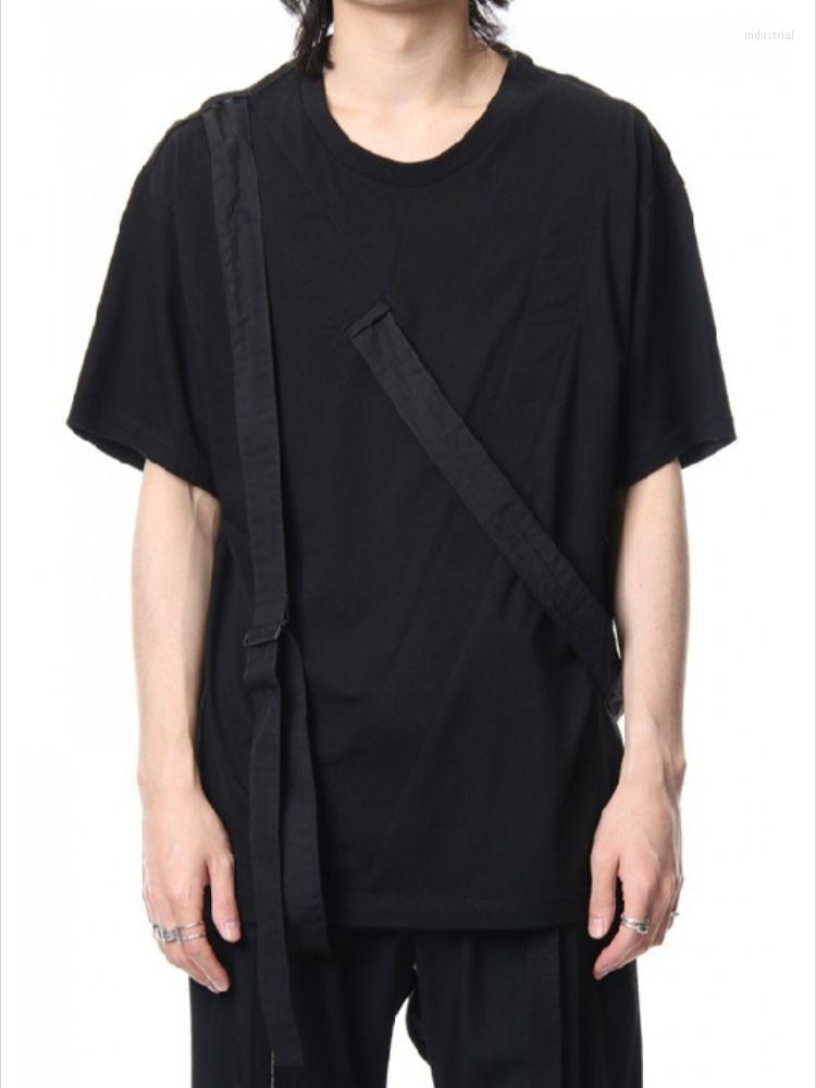 

Men' T Shirts Short-Sleeved T-Shirt Summer Dark Round Collar Personality Ribbon Stitching Design Youth Fashion Trend, Black