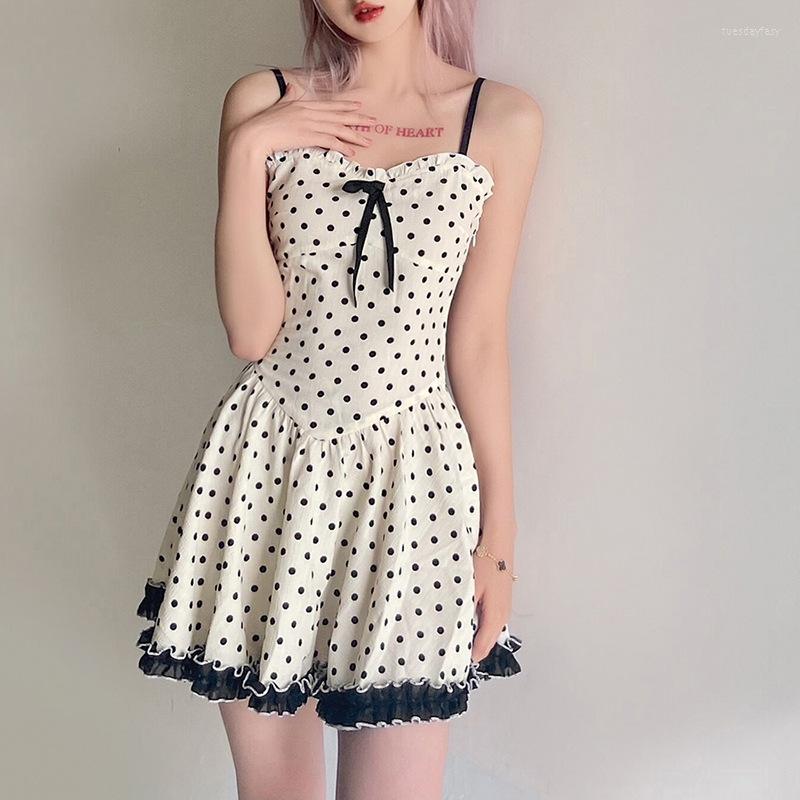 

Casual Dresses Summer Japanese Harajuku Wave Point Bow Sexy Sling Dress Girl Fashion Temperament Slim Kawaii Sweet, Apricot