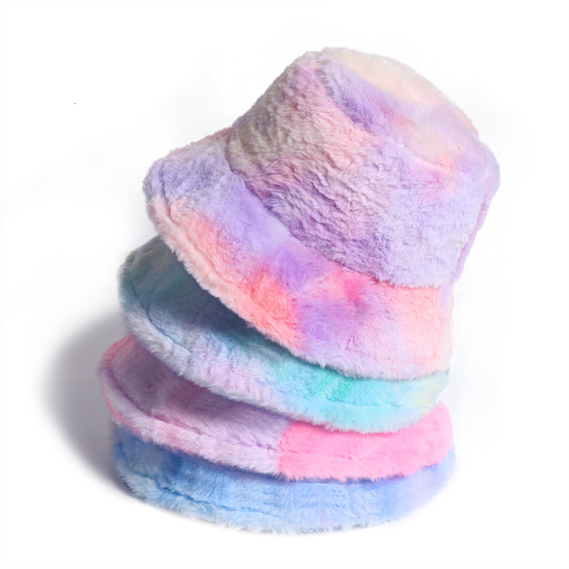 

Wide Brim Hats Bucket Women Winter Rainbow Colorful Tie Dye Hat Fluffy Fuzzy Plush Short Sunscreen Thick Warm Outdoor Panama Fisherman Cap 221119, 13