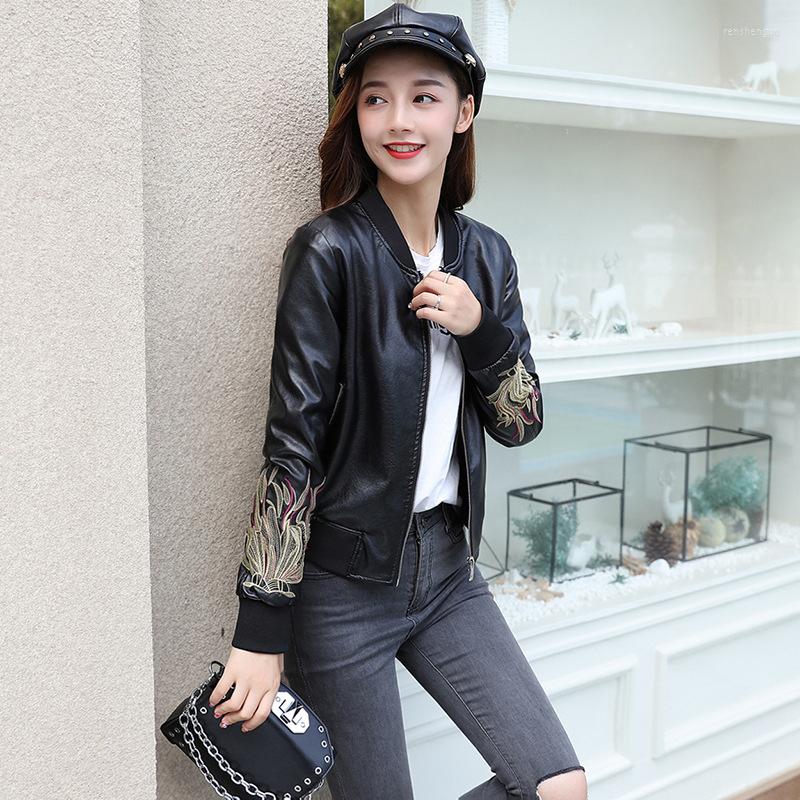 

Women' Leather Spring Jacket Women Motorcycle Autumn Baseball Coat Female Embroidered Pu Jackets 7102 KJ4230, Black