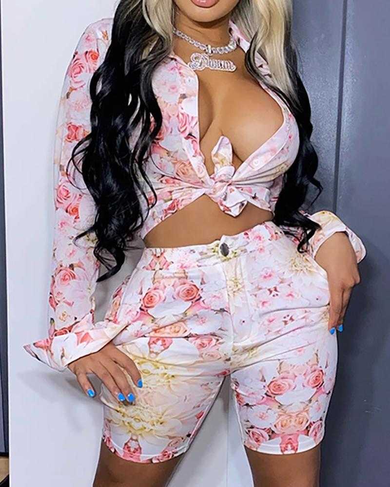 Pantalon de deux pièces pour femmes 2021 Mode d'été Col rabattu Imprimé floral Chemises boutonnées roses Ensemble 2 pièces Femmes Ensembles assor