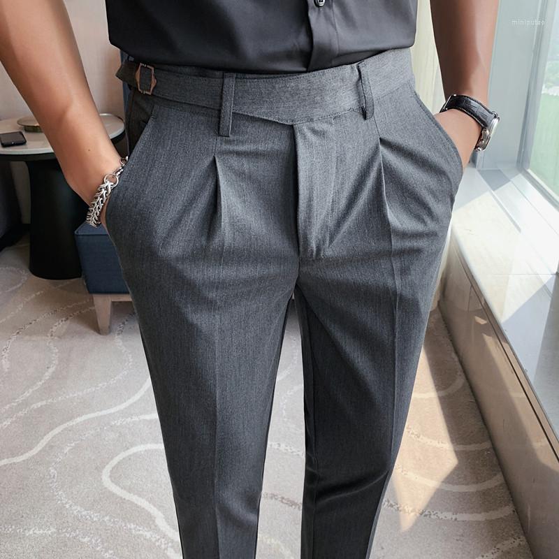 

Men's Suits 2022 Style Men Business Casual Dress Pants Belt Design Slim Trousers Formal Office Social Wedding Party Suit Pant, Black