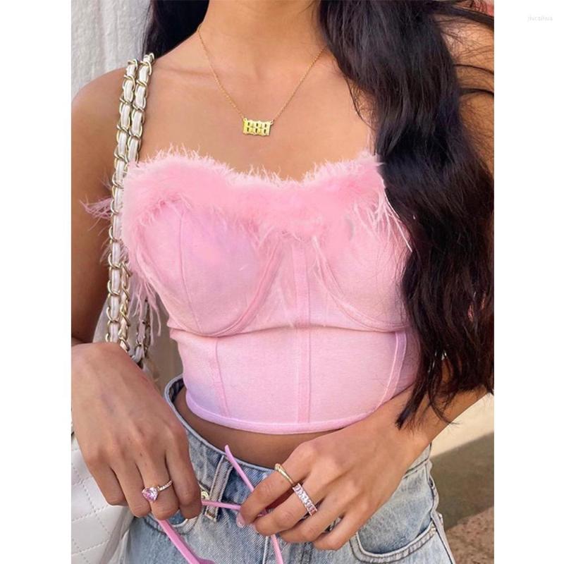 

Women' Tanks Sexy Feather Cropped Tank Top Women Fluffy Backless Solid Tube Strapless Corset Tops Female 2022 Summer Lady Party Club Vest, Pink