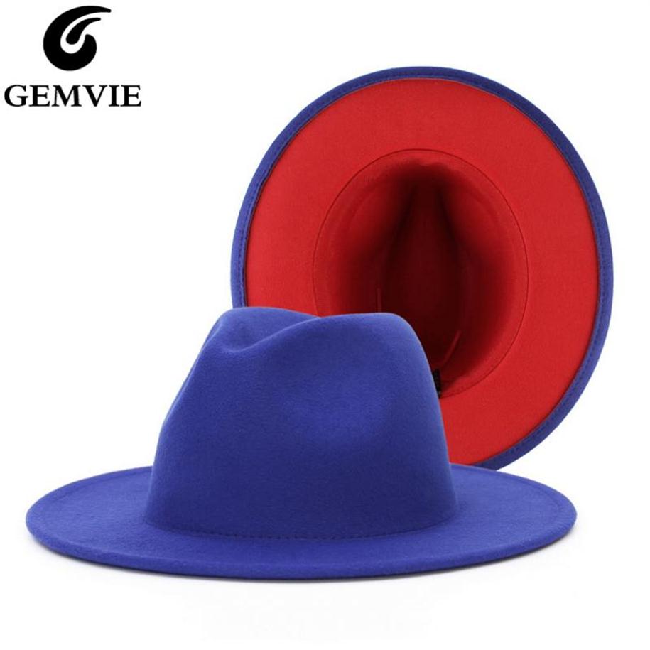 

GEMVIE Fedora Hat With Red Brim Double Color Wool Felt Hat For Women Men Panama Gamble Wide Brim Jazz Cap 2020 New268x, Blue with red brim