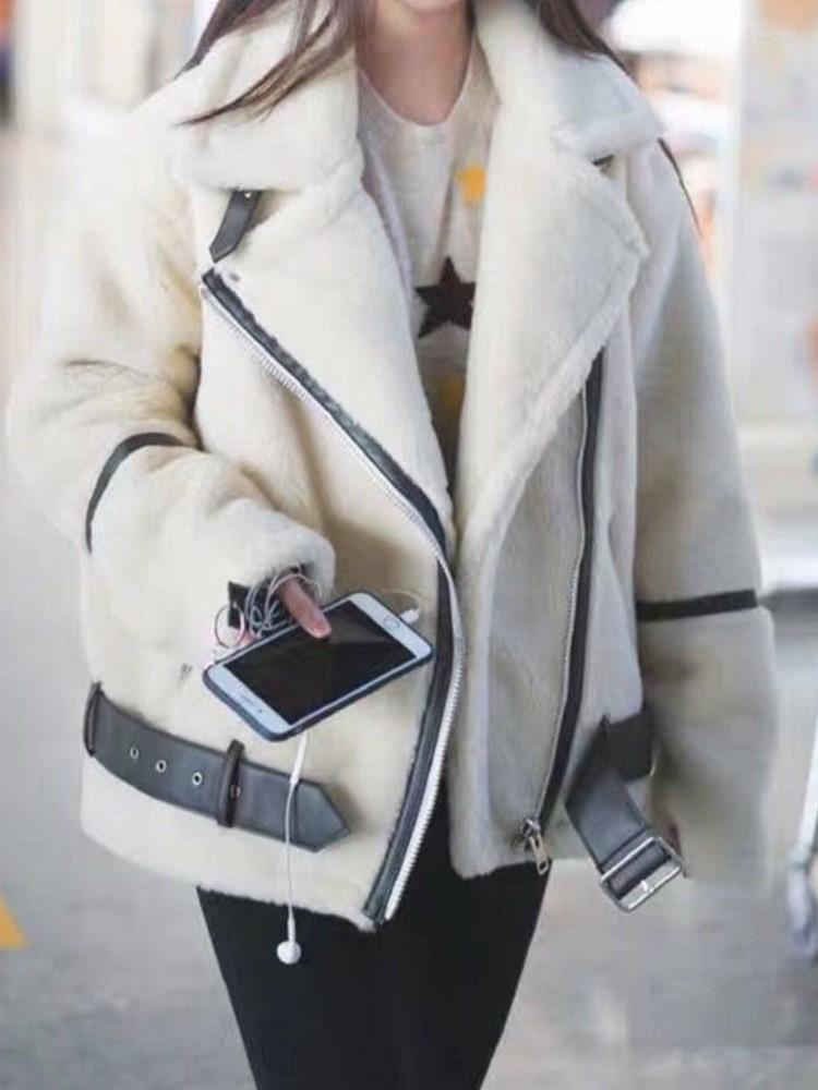 

Women' Fur LOLIBOOK 2022 Coat Women White Eleagnt Turn Down Collar Long Sleeve Outwear Sheepskin Winter Coats
