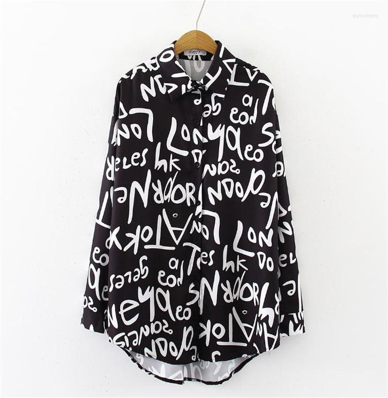 

Women's Blouses Spring Summer Medium Length Lapel Personality Trend Retro Long Sleeve Shirt For Men Women Harajuku Letter Graffiti Printed
