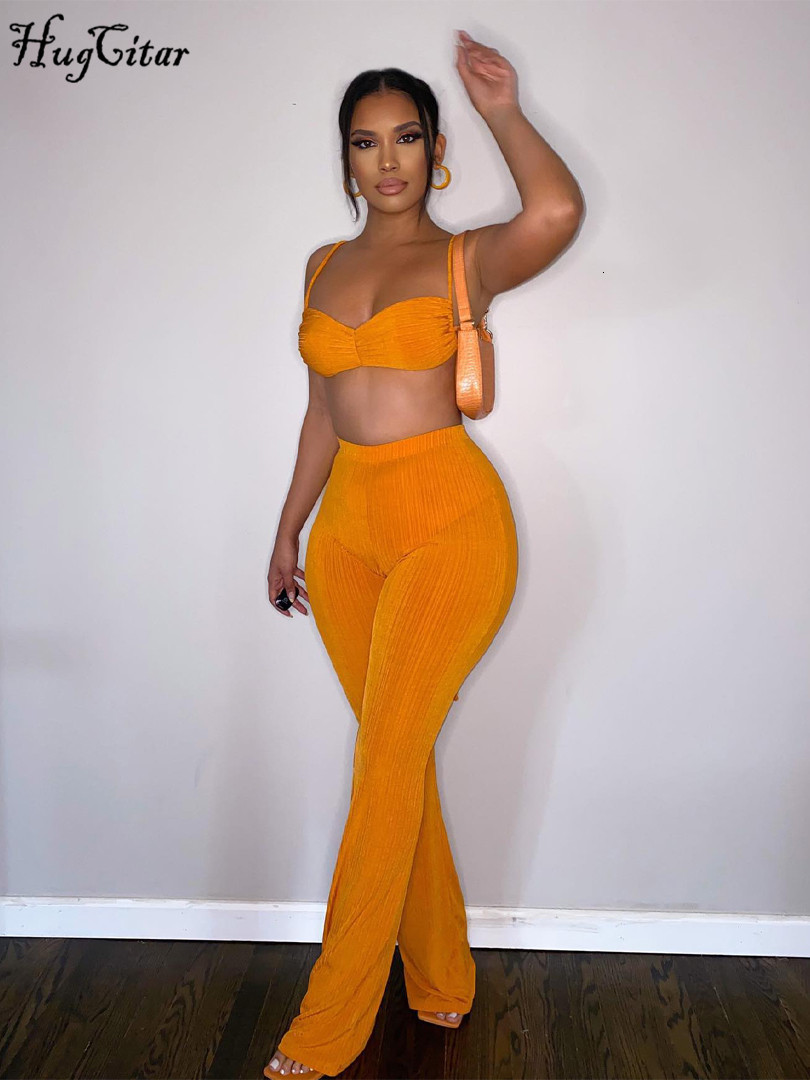 

Women  Two Piece Pants Hugcitar Stripe Ribbed Women 2 Set Lace Up Ruched Camis Crop Top Bell Flare Suit Matching Outfits Sportswear Club 221119, White