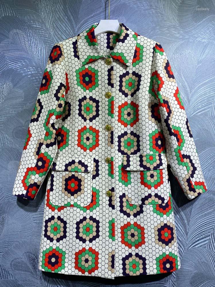 

Women' Trench Coats DLDENGHAN Autumn Coat Women' Turn-down Collar Long Sleeves Crystal Single Breasted Geometric Print Loose Outwear, Multi