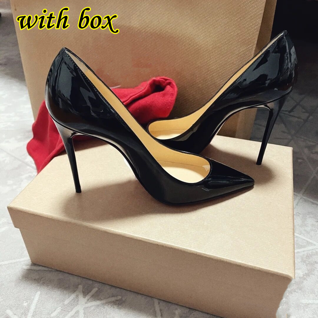 

Brand Red High Heel Shoes Designer Women Pumps 6cm 8cm 10cm 12cm Thin Heels Pointed Nude Black Shiny Patent Leather Wedding Shoes with Box Size 35-44, Black v