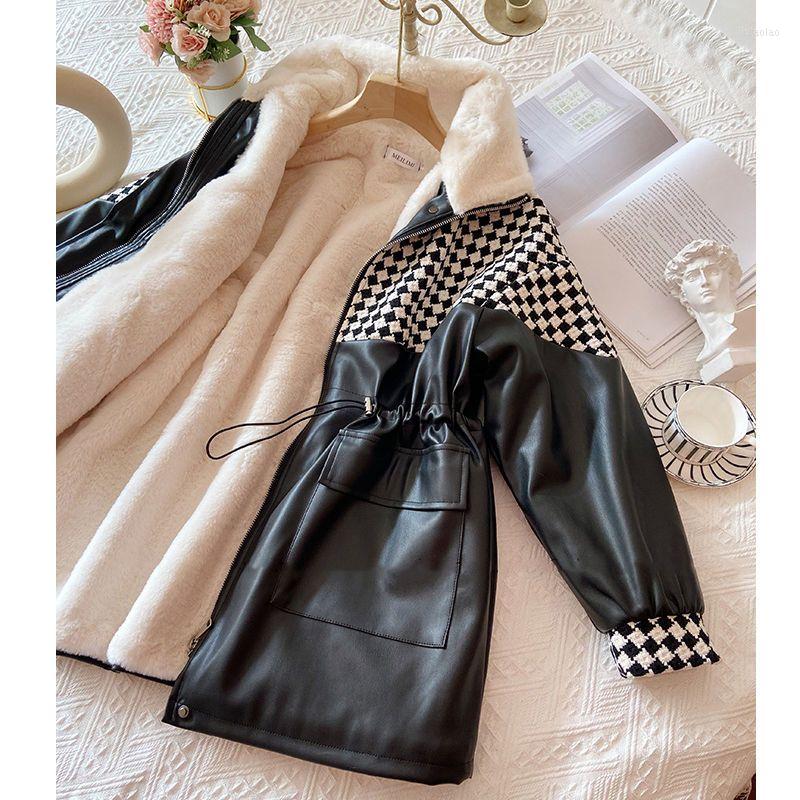 

Women' Leather Women Fall Winter Faux Checkerboard Jacket Velvet Thickened Loose PU Stitching Coat Plush Liner Cardigan Mid-length Tops, Black