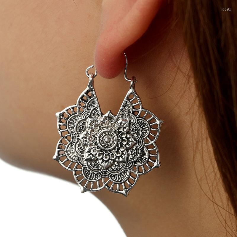 

Hoop Earrings Ethnic Alloy For Women Antique Gold Silver Plated Hollow Out Vintage Bohemian Irregular Geometry